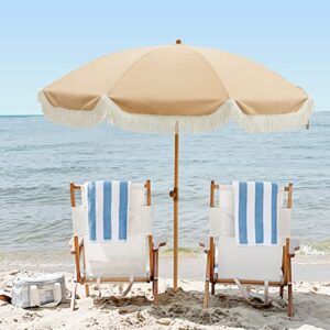 Kbrellaoutlets 7ft Patio Umbrella, UV 50+ Protection, Beach Umbrellas for Sand with Fringe, Wood Grain Aluminum Pole, 8 Ribs, Push Button Tilt, Garden Pool, Brown