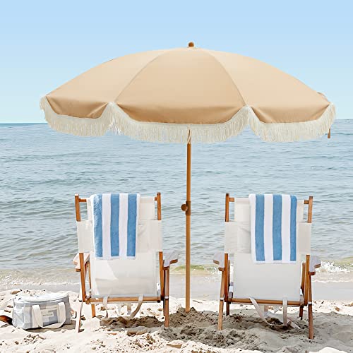 Kbrellaoutlets 7ft Patio Umbrella, UV 50+ Protection, Beach Umbrellas for Sand with Fringe, Wood Grain Aluminum Pole, 8 Ribs, Push Button Tilt, Garden Pool, Brown