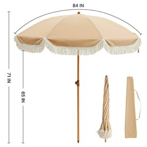 Kbrellaoutlets 7ft Patio Umbrella, UV 50+ Protection, Beach Umbrellas for Sand with Fringe, Wood Grain Aluminum Pole, 8 Ribs, Push Button Tilt, Garden Pool, Brown