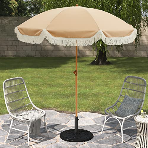 Kbrellaoutlets 7ft Patio Umbrella, UV 50+ Protection, Beach Umbrellas for Sand with Fringe, Wood Grain Aluminum Pole, 8 Ribs, Push Button Tilt, Garden Pool, Brown