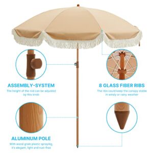 Kbrellaoutlets 7ft Patio Umbrella, UV 50+ Protection, Beach Umbrellas for Sand with Fringe, Wood Grain Aluminum Pole, 8 Ribs, Push Button Tilt, Garden Pool, Brown