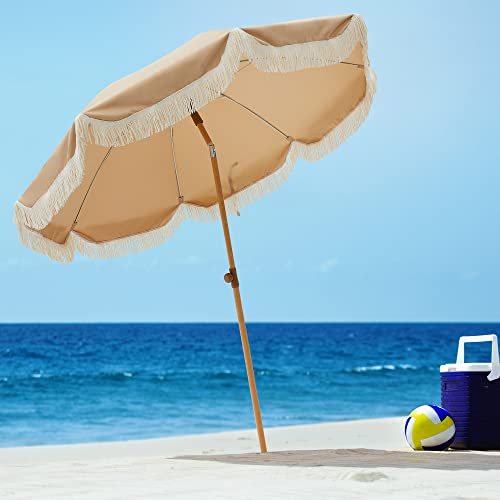 Kbrellaoutlets 7ft Patio Umbrella, UV 50+ Protection, Beach Umbrellas for Sand with Fringe, Wood Grain Aluminum Pole, 8 Ribs, Push Button Tilt, Garden Pool, Brown