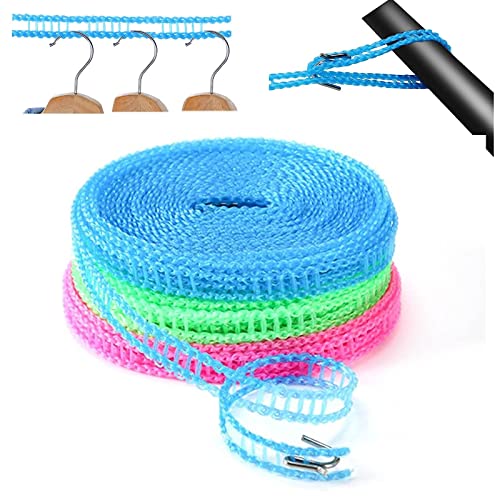 3 Pack Clothesline Adjustable Nylon Windproof Clothes Drying Rope, 5m/16.4ft Durable Camping Clothesline Portable Clothes Drying Line Indoor Outdoor Laundry Storage for Travel Home Use