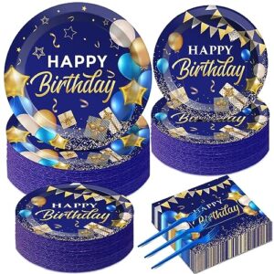 50 guests blue and gold birthday plates and napkins party supplies navy blue party tableware set blue birthday party plates happy birthday decorations favors for men women birthday baby shower 200 pcs