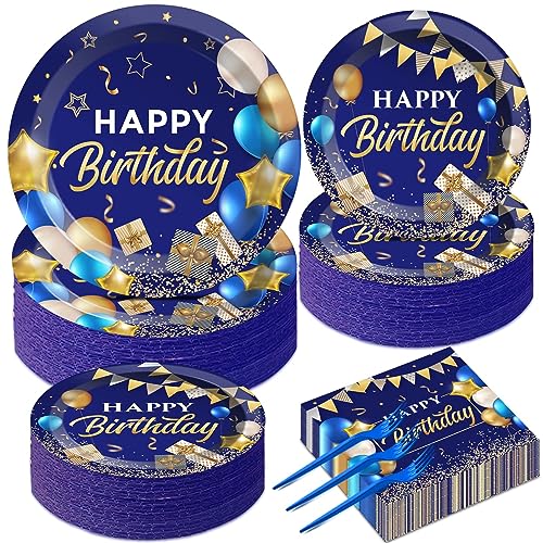 50 Guests Blue and Gold Birthday Plates and Napkins Party Supplies Navy Blue Party Tableware Set Blue Birthday Party Plates Happy Birthday Decorations Favors for Men Women Birthday Baby Shower 200 PCS