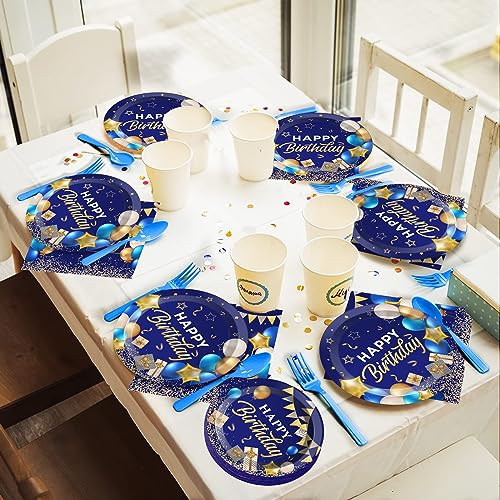 50 Guests Blue and Gold Birthday Plates and Napkins Party Supplies Navy Blue Party Tableware Set Blue Birthday Party Plates Happy Birthday Decorations Favors for Men Women Birthday Baby Shower 200 PCS