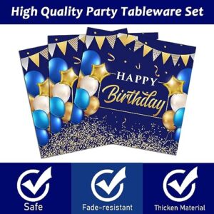 50 Guests Blue and Gold Birthday Plates and Napkins Party Supplies Navy Blue Party Tableware Set Blue Birthday Party Plates Happy Birthday Decorations Favors for Men Women Birthday Baby Shower 200 PCS