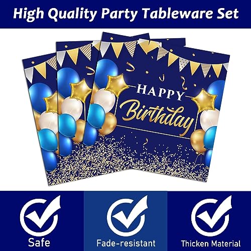 50 Guests Blue and Gold Birthday Plates and Napkins Party Supplies Navy Blue Party Tableware Set Blue Birthday Party Plates Happy Birthday Decorations Favors for Men Women Birthday Baby Shower 200 PCS