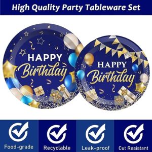 50 Guests Blue and Gold Birthday Plates and Napkins Party Supplies Navy Blue Party Tableware Set Blue Birthday Party Plates Happy Birthday Decorations Favors for Men Women Birthday Baby Shower 200 PCS