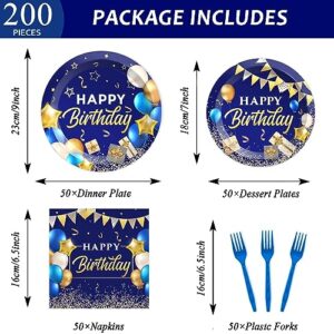 50 Guests Blue and Gold Birthday Plates and Napkins Party Supplies Navy Blue Party Tableware Set Blue Birthday Party Plates Happy Birthday Decorations Favors for Men Women Birthday Baby Shower 200 PCS