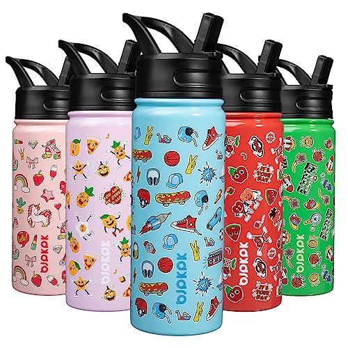 BJPKPK Kids Water Bottle with Straw Lid, 18oz Insulated Water Bottle for School, Reusable Water Bottles for Kids, Stainless Steel Metal Water Bottles, Thermos, Playground