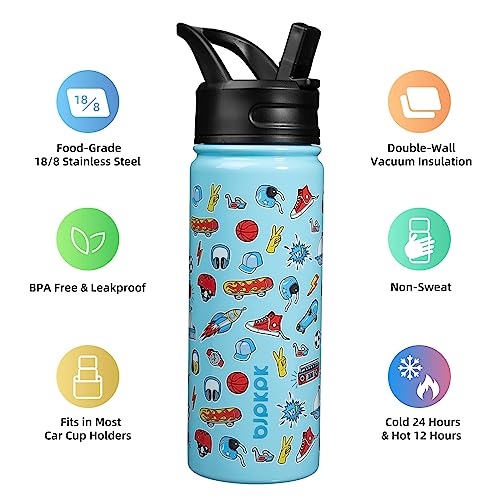 BJPKPK Kids Water Bottle with Straw Lid, 18oz Insulated Water Bottle for School, Reusable Water Bottles for Kids, Stainless Steel Metal Water Bottles, Thermos, Playground