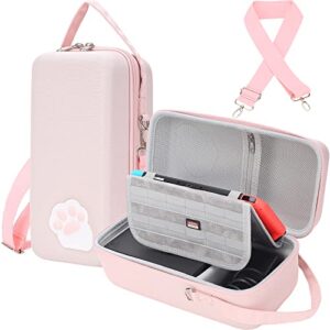 pemalin pink cute cat paw case compatible with nintendo switch/switch oled - hardshell travel carrying case fit switch console & various game accessories with removable shoulder strap.