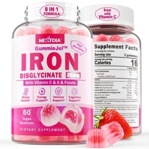iron gummies supplement - vegan iron bisglycinate filled gummies with vitamin c, folate - blood builder, energy support for iron deficiency - iron gummies for women, no after taste, strawberry flavor