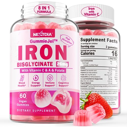 Iron Gummies Supplement - Vegan Iron Bisglycinate Filled Gummies with Vitamin C, Folate - Blood Builder, Energy Support for Iron Deficiency - Iron Gummies for Women, No After Taste, Strawberry Flavor