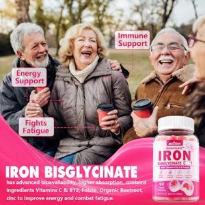 Iron Gummies Supplement - Vegan Iron Bisglycinate Filled Gummies with Vitamin C, Folate - Blood Builder, Energy Support for Iron Deficiency - Iron Gummies for Women, No After Taste, Strawberry Flavor