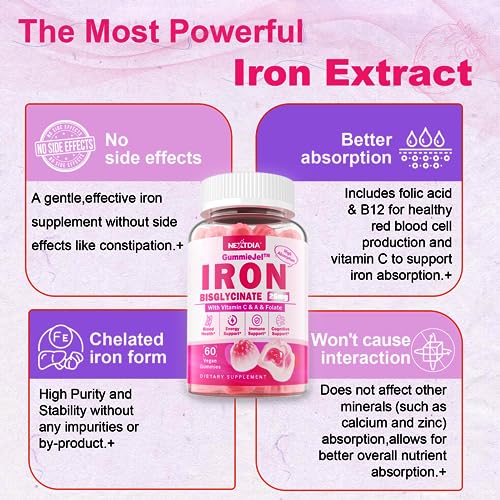 Iron Gummies Supplement - Vegan Iron Bisglycinate Filled Gummies with Vitamin C, Folate - Blood Builder, Energy Support for Iron Deficiency - Iron Gummies for Women, No After Taste, Strawberry Flavor