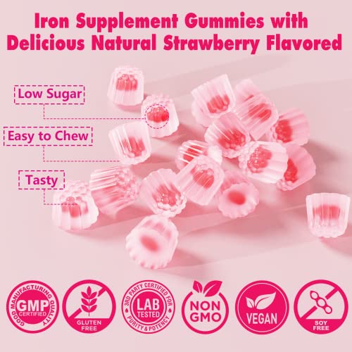 Iron Gummies Supplement - Vegan Iron Bisglycinate Filled Gummies with Vitamin C, Folate - Blood Builder, Energy Support for Iron Deficiency - Iron Gummies for Women, No After Taste, Strawberry Flavor