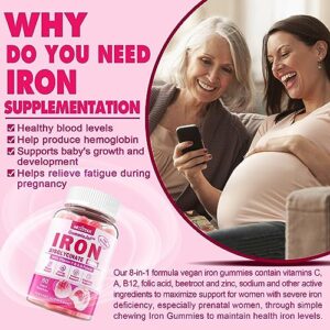 Iron Gummies Supplement - Vegan Iron Bisglycinate Filled Gummies with Vitamin C, Folate - Blood Builder, Energy Support for Iron Deficiency - Iron Gummies for Women, No After Taste, Strawberry Flavor