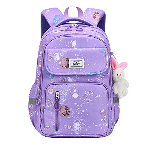 Cute Girls Backpack, Bunny School Backpack for Teen Girls, Elementary Middle Bookbag Galaxy Outdoor Aesthetic Schoolbag, Purple