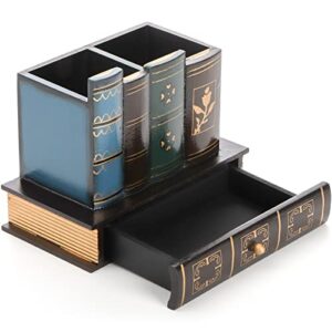 tosnail decorative pen holder with storage drawer, wooden pencil holder and organizer, antique library books design pen cup caddy for office supplies, countertop, desk, table