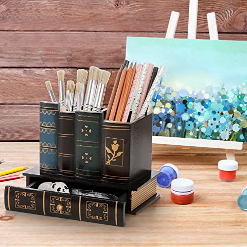 Tosnail Decorative Pen Holder with Storage Drawer, Wooden Pencil Holder and Organizer, Antique Library Books Design Pen Cup Caddy for Office Supplies, Countertop, Desk, Table