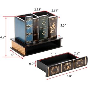 Tosnail Decorative Pen Holder with Storage Drawer, Wooden Pencil Holder and Organizer, Antique Library Books Design Pen Cup Caddy for Office Supplies, Countertop, Desk, Table