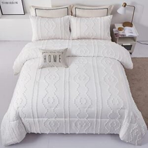 luxudecor california king comforter set white, boho tufted comforter, shabby chic embroidery farmhouse bedding set 3 pieces, soft and fluffy cal king bed comforter for all seasons 112''x98''