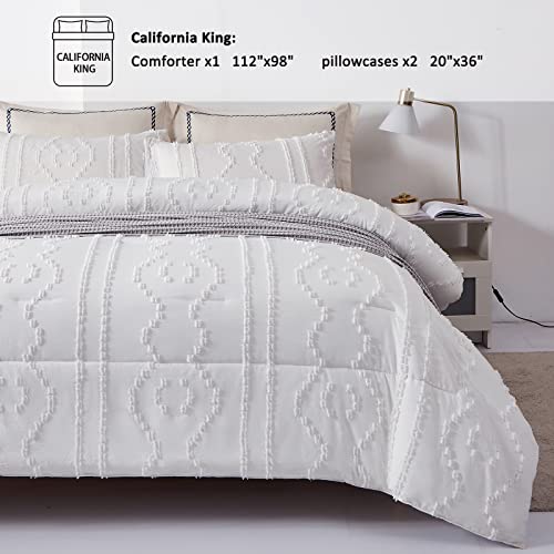 Luxudecor California King Comforter Set White, Boho Tufted Comforter, Shabby Chic Embroidery Farmhouse Bedding Set 3 Pieces, Soft and Fluffy Cal King Bed Comforter for All Seasons 112''x98''