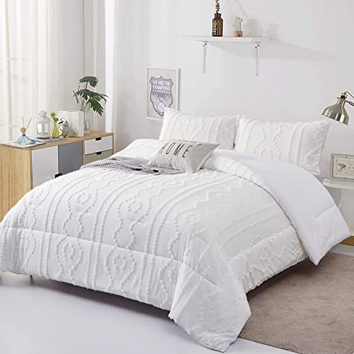 Luxudecor California King Comforter Set White, Boho Tufted Comforter, Shabby Chic Embroidery Farmhouse Bedding Set 3 Pieces, Soft and Fluffy Cal King Bed Comforter for All Seasons 112''x98''