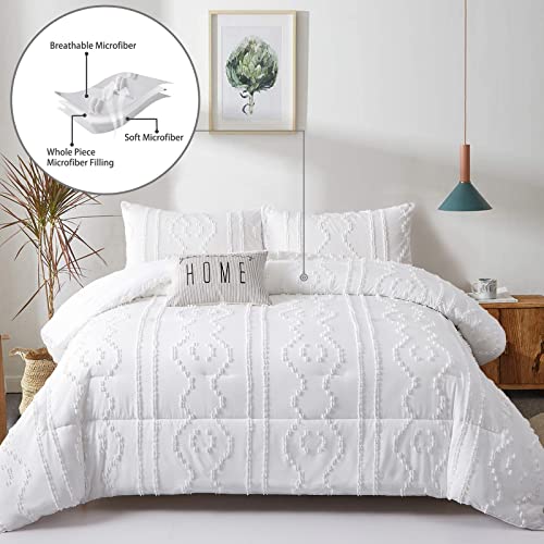 Luxudecor California King Comforter Set White, Boho Tufted Comforter, Shabby Chic Embroidery Farmhouse Bedding Set 3 Pieces, Soft and Fluffy Cal King Bed Comforter for All Seasons 112''x98''