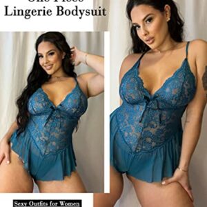 Avidlove Plus Size Lingerie for Women One Piece Teddy Bodysuit Lace Babydoll Chemise Sexy Sleepwear Nightgown Blue Green