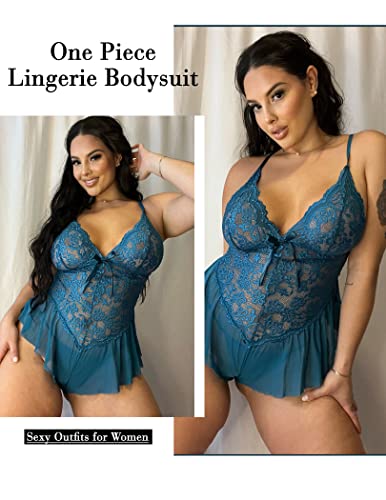 Avidlove Plus Size Lingerie for Women One Piece Teddy Bodysuit Lace Babydoll Chemise Sexy Sleepwear Nightgown Blue Green