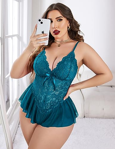 Avidlove Plus Size Lingerie for Women One Piece Teddy Bodysuit Lace Babydoll Chemise Sexy Sleepwear Nightgown Blue Green