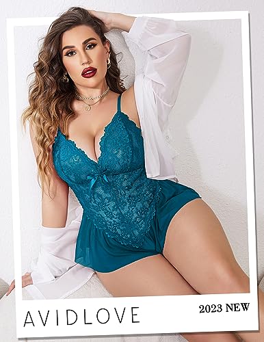 Avidlove Plus Size Lingerie for Women One Piece Teddy Bodysuit Lace Babydoll Chemise Sexy Sleepwear Nightgown Blue Green