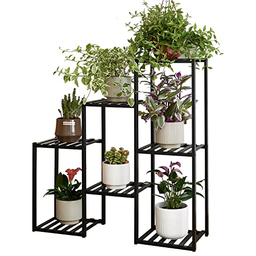 Plant Stand Indoor Plant Stands Bamboo Outdoor Tiered Plant Shelf for Multiple Plants, 3 Tiers 7 Potted Ladder Plant Holder Table Plant Pot Stand for Window Garden Balcony Living Room Corner(Black)