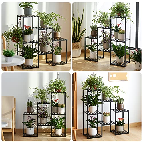 Plant Stand Indoor Plant Stands Bamboo Outdoor Tiered Plant Shelf for Multiple Plants, 3 Tiers 7 Potted Ladder Plant Holder Table Plant Pot Stand for Window Garden Balcony Living Room Corner(Black)