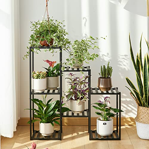 Plant Stand Indoor Plant Stands Bamboo Outdoor Tiered Plant Shelf for Multiple Plants, 3 Tiers 7 Potted Ladder Plant Holder Table Plant Pot Stand for Window Garden Balcony Living Room Corner(Black)