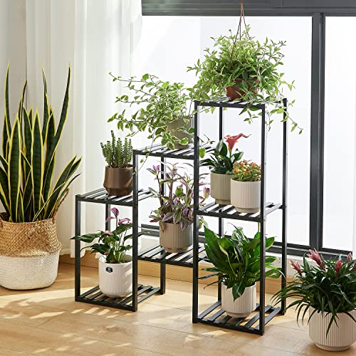 Plant Stand Indoor Plant Stands Bamboo Outdoor Tiered Plant Shelf for Multiple Plants, 3 Tiers 7 Potted Ladder Plant Holder Table Plant Pot Stand for Window Garden Balcony Living Room Corner(Black)