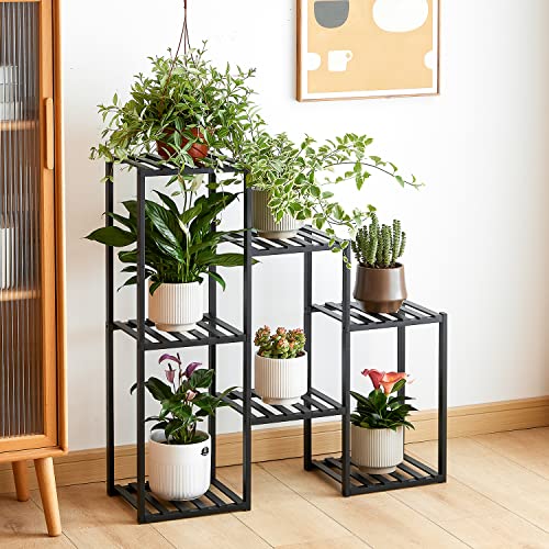 Plant Stand Indoor Plant Stands Bamboo Outdoor Tiered Plant Shelf for Multiple Plants, 3 Tiers 7 Potted Ladder Plant Holder Table Plant Pot Stand for Window Garden Balcony Living Room Corner(Black)