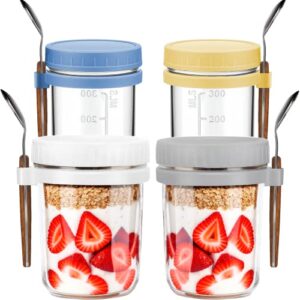 4 pack overnight oats containers with lids and spoons, 12 oz airtight mason overnight oats jars, meal prep container reusable for cereal, fruit, chia pudding, salad, milk with measurement mark