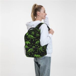 Dacawin Green Dinosaur Skeleton Backpacks Dinosaurs Bones Black School Backpack Casual Multipurpose Bookbag Lightweight Schoolbag for Kids Boys Girls Travel Camping