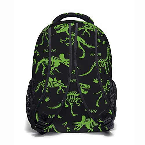 Dacawin Green Dinosaur Skeleton Backpacks Dinosaurs Bones Black School Backpack Casual Multipurpose Bookbag Lightweight Schoolbag for Kids Boys Girls Travel Camping