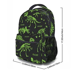 Dacawin Green Dinosaur Skeleton Backpacks Dinosaurs Bones Black School Backpack Casual Multipurpose Bookbag Lightweight Schoolbag for Kids Boys Girls Travel Camping