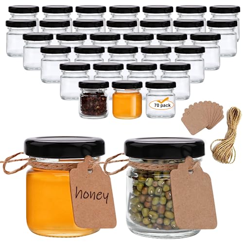 QAPPDA 1.5oz Mini Glass Jars with Black Lids,Round Small Honey Jars 70 Pack Mini Storage Jar for Candle Making,Clear Glass Bottle 45ml Glass Spice Containers for Jelly,Jam,Craft,Wedding,Party Favor