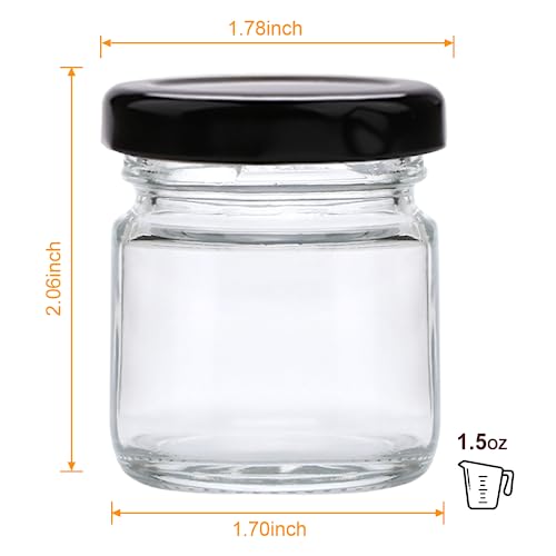 QAPPDA 1.5oz Mini Glass Jars with Black Lids,Round Small Honey Jars 70 Pack Mini Storage Jar for Candle Making,Clear Glass Bottle 45ml Glass Spice Containers for Jelly,Jam,Craft,Wedding,Party Favor