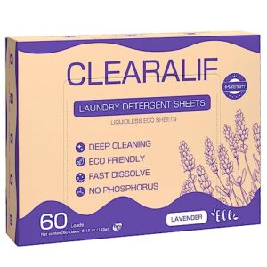 clearalif laundry detergent sheets, up to 60 loads, fresh lavender, liquidless, eco-friendly, zero waste, save space, travel laundry strips for he machine