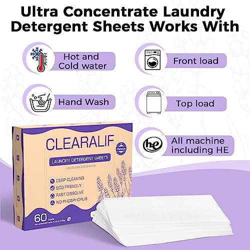 CLEARALIF Laundry Detergent Sheets, Up to 60 Loads, Fresh Lavender, liquidless, Eco-Friendly, Zero Waste, Save Space, Travel Laundry Strips for HE Machine