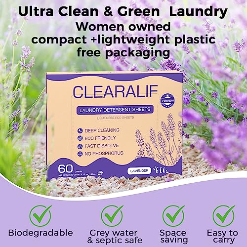 CLEARALIF Laundry Detergent Sheets, Up to 60 Loads, Fresh Lavender, liquidless, Eco-Friendly, Zero Waste, Save Space, Travel Laundry Strips for HE Machine