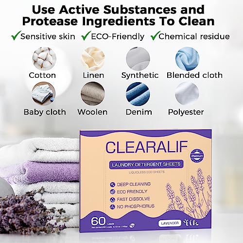 CLEARALIF Laundry Detergent Sheets, Up to 60 Loads, Fresh Lavender, liquidless, Eco-Friendly, Zero Waste, Save Space, Travel Laundry Strips for HE Machine